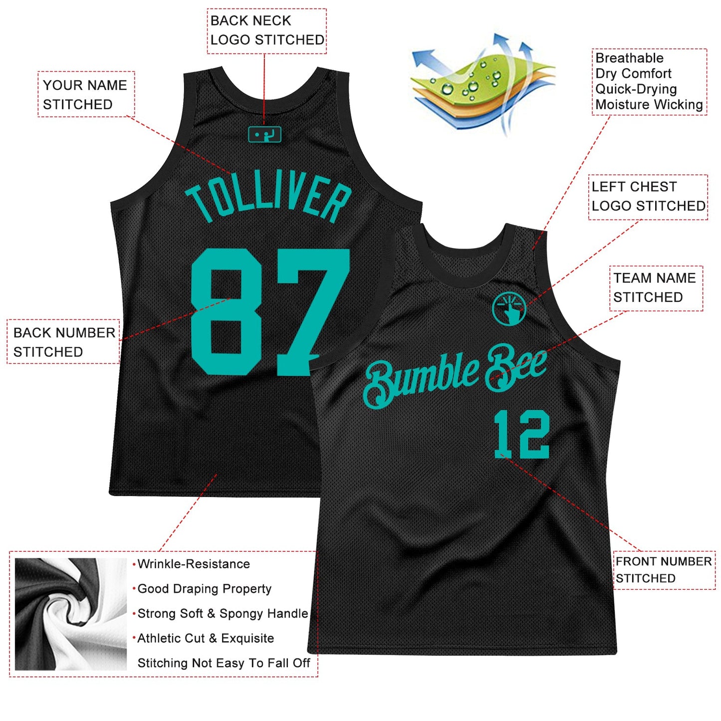 Custom Black Aqua Authentic Throwback Basketball Jersey view 2