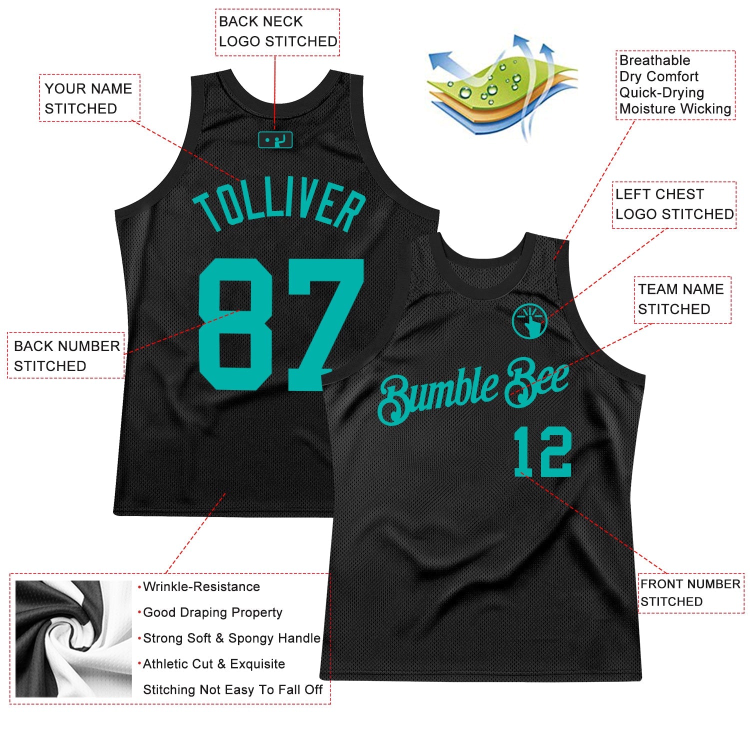 Custom Black Aqua Authentic Throwback Basketball Jersey view 2
