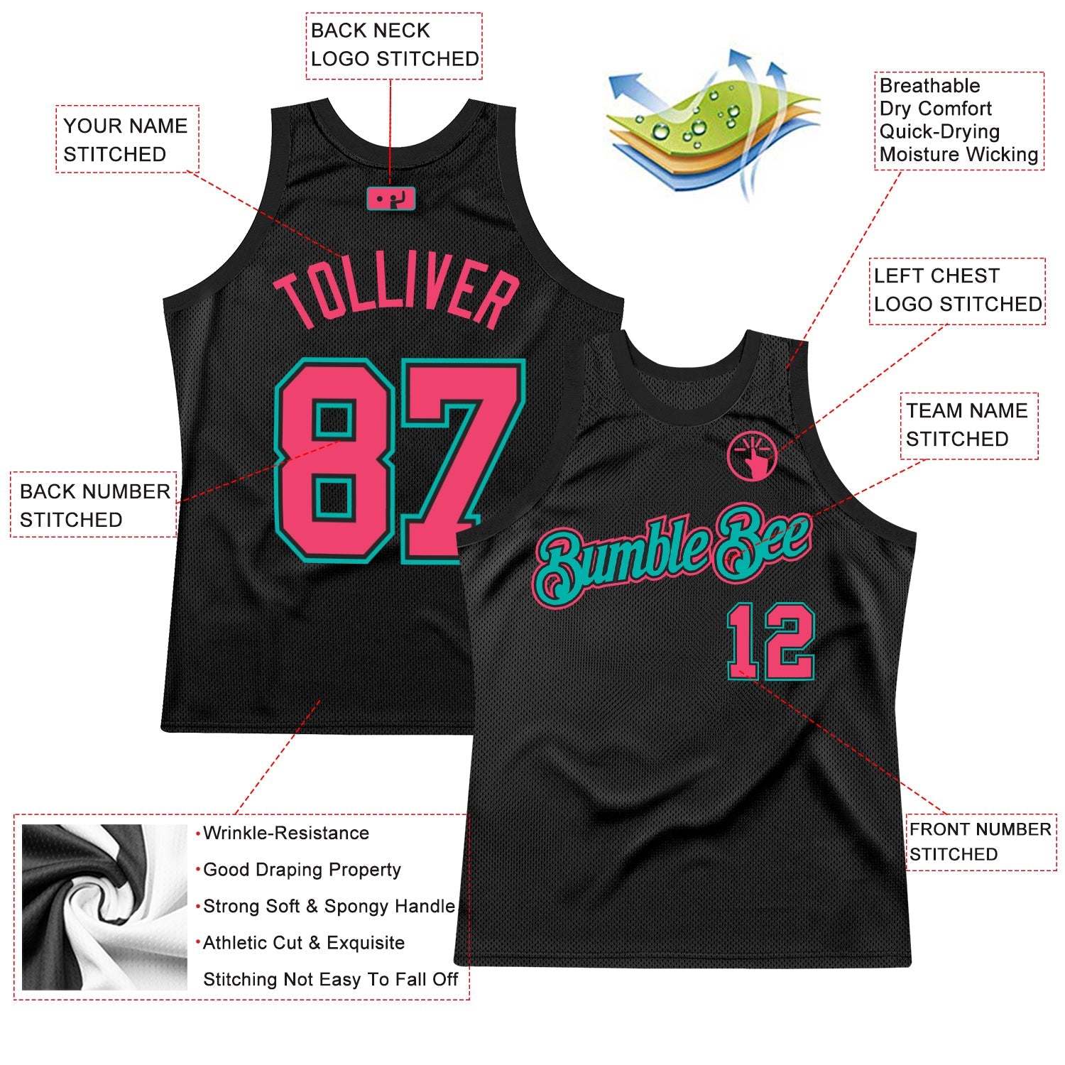 Custom Black Neon Pink-Aqua Authentic Throwback Basketball Jersey view 2