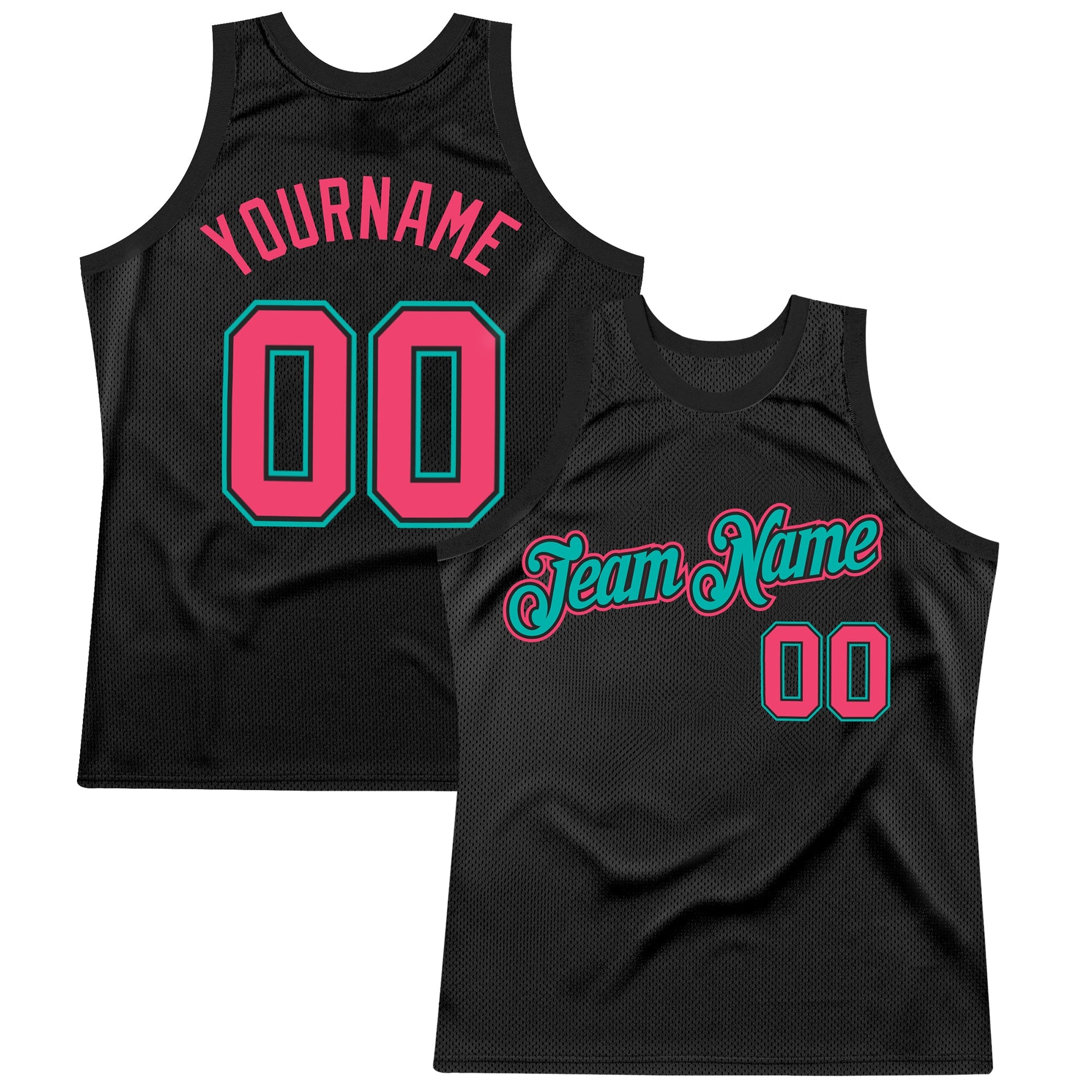 Custom Black Neon Pink-Aqua Authentic Throwback Basketball Jersey - Main View