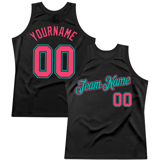 Custom Black Neon Pink-Aqua Authentic Throwback Basketball Jersey - Main View