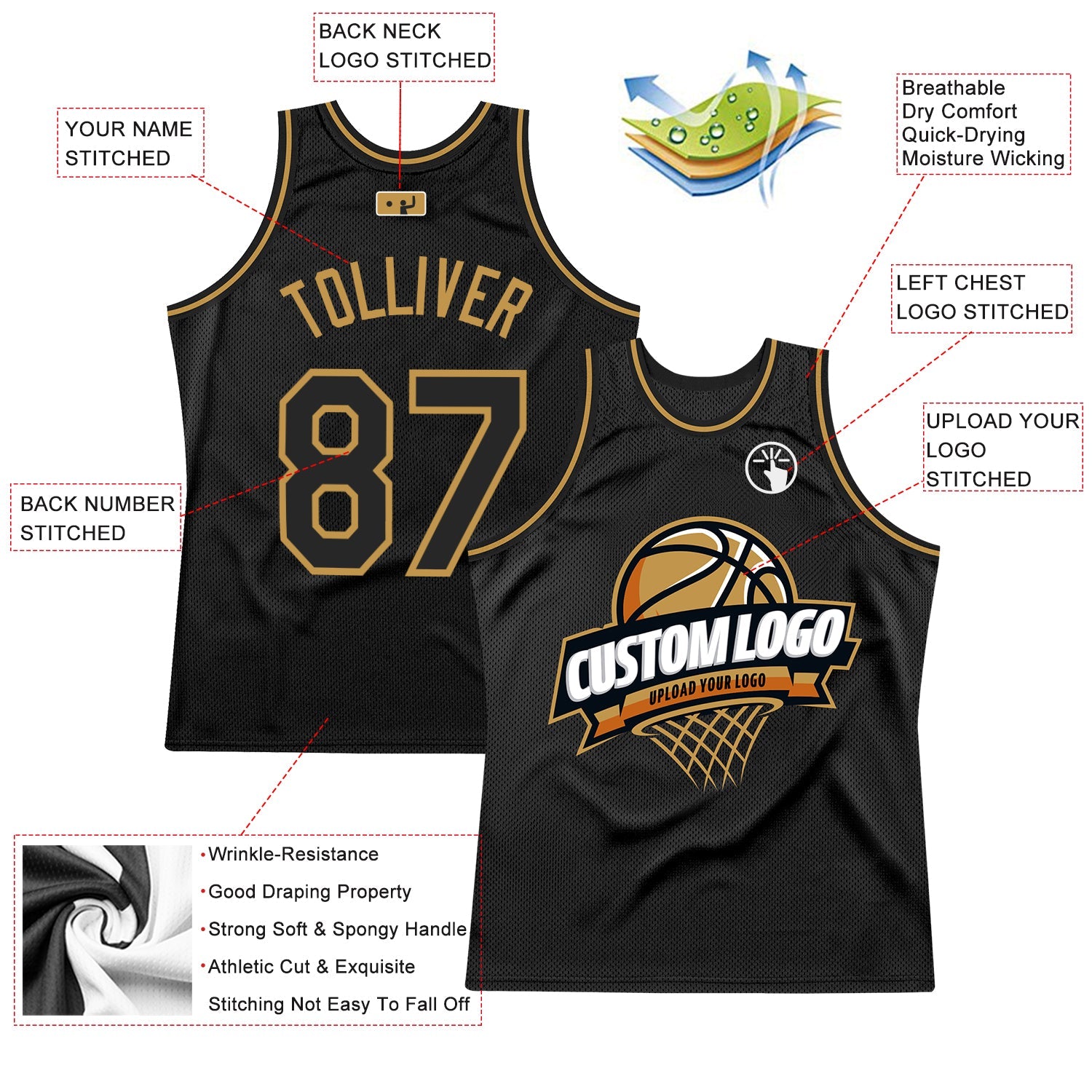 Custom Black Old Gold Authentic Throwback Basketball Jersey view 2