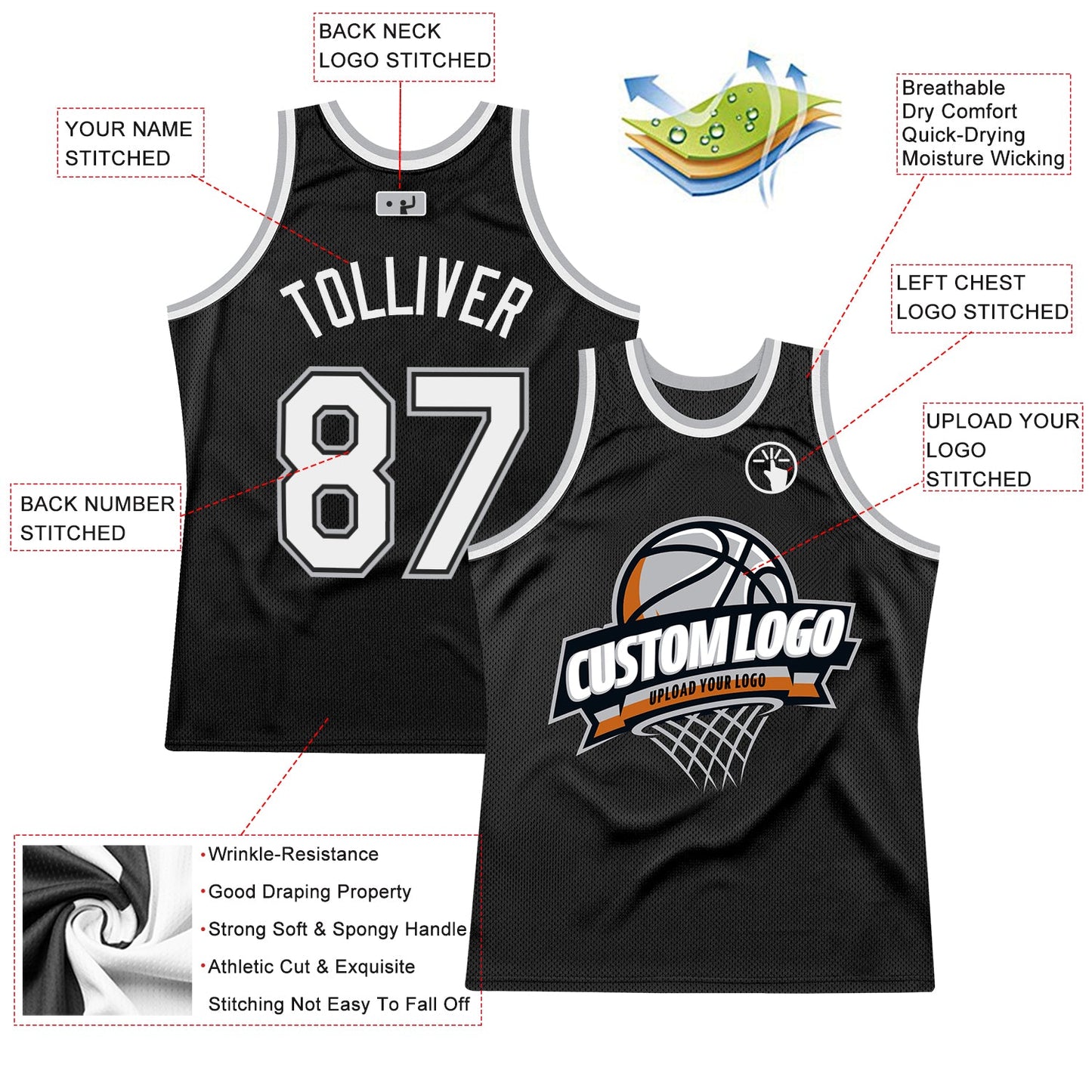 Custom Black White-Gray Authentic Throwback Basketball Jersey view 2