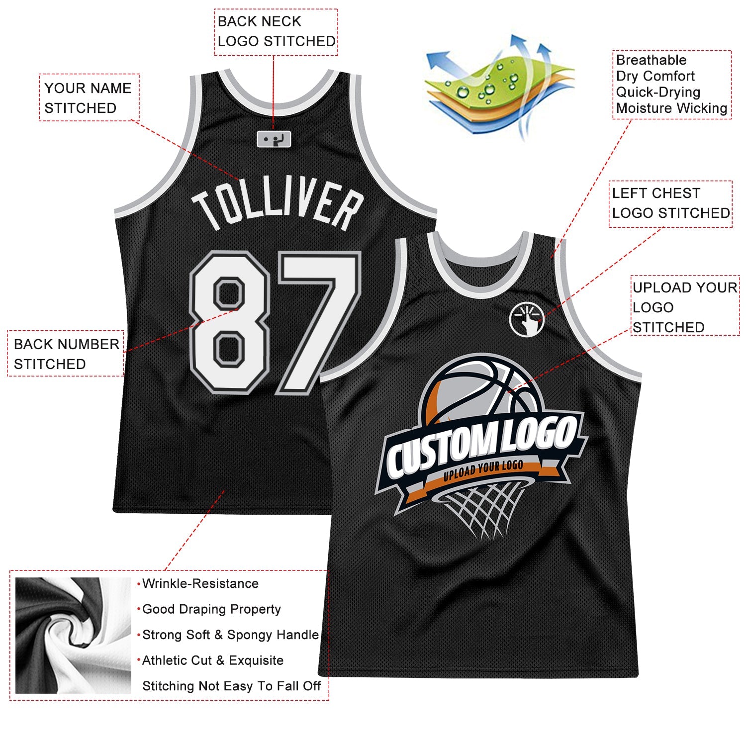Custom Black White-Gray Authentic Throwback Basketball Jersey view 2