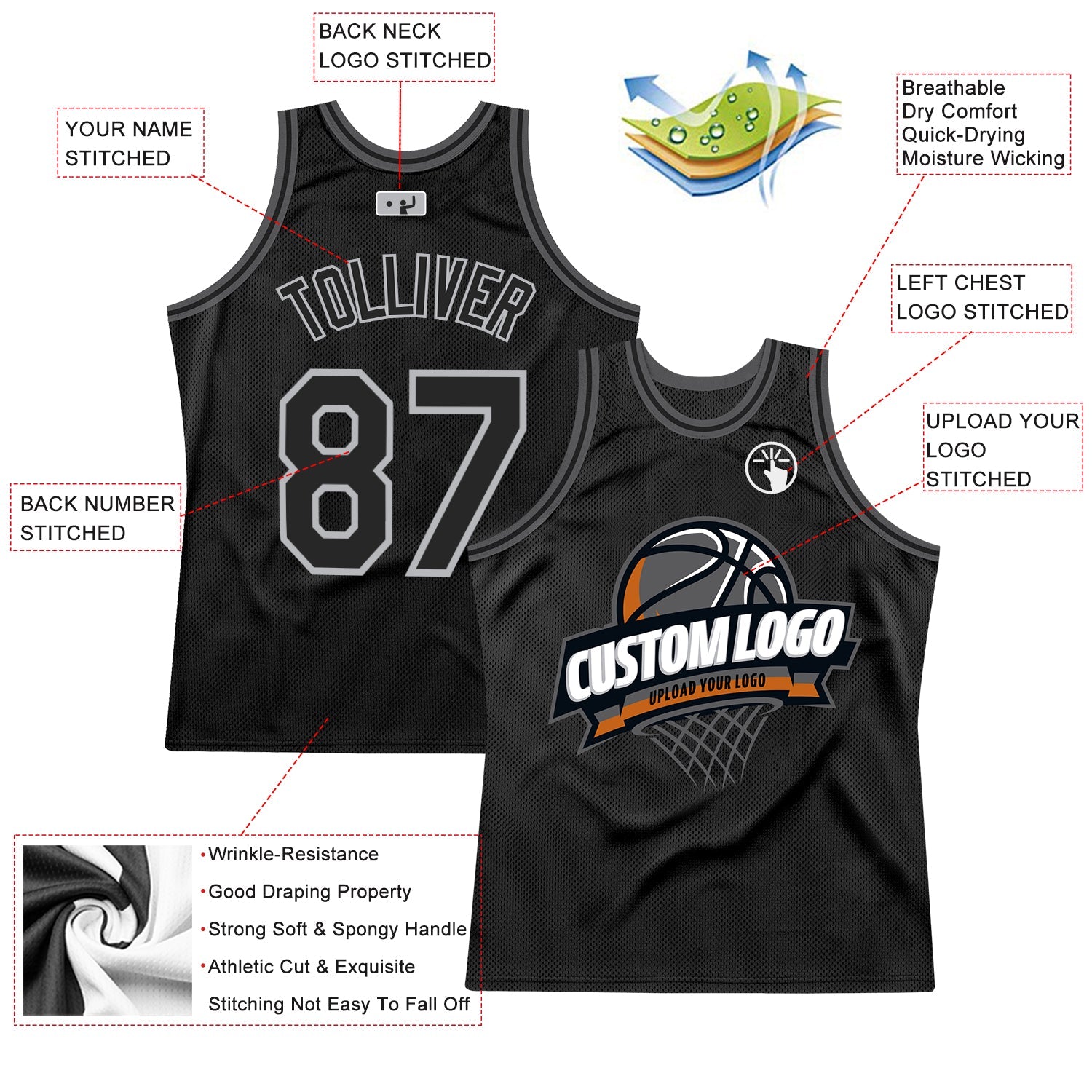Custom Black Gray-Steel Gray Authentic Throwback Basketball Jersey view 2