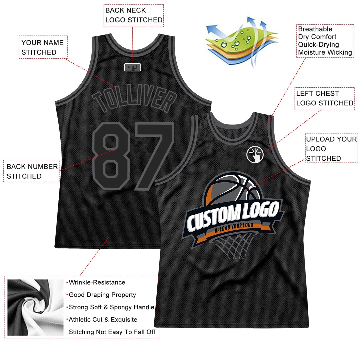 Custom Black Steel Gray Authentic Throwback Basketball Jersey view 2