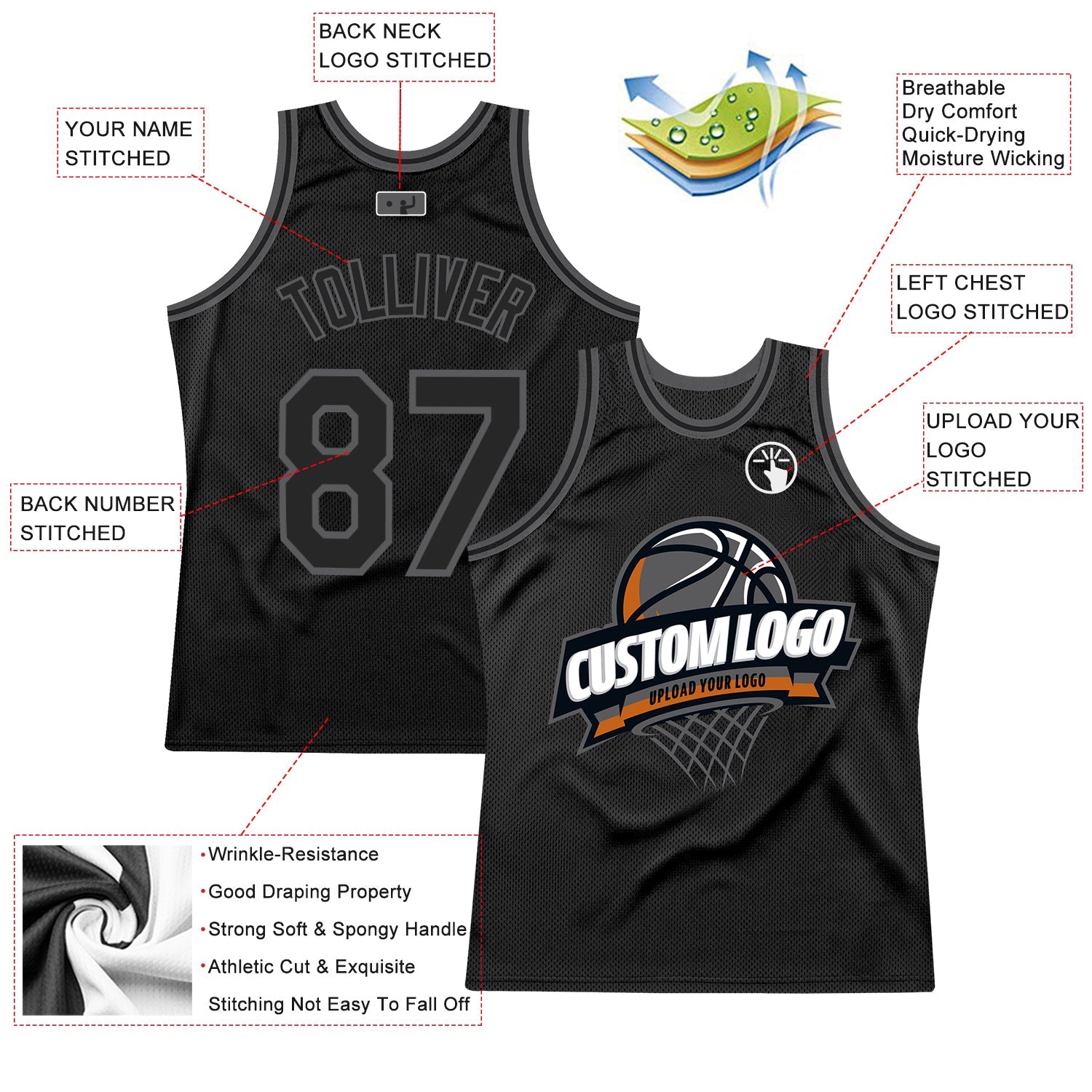 Custom Black Steel Gray Authentic Throwback Basketball Jersey view 2