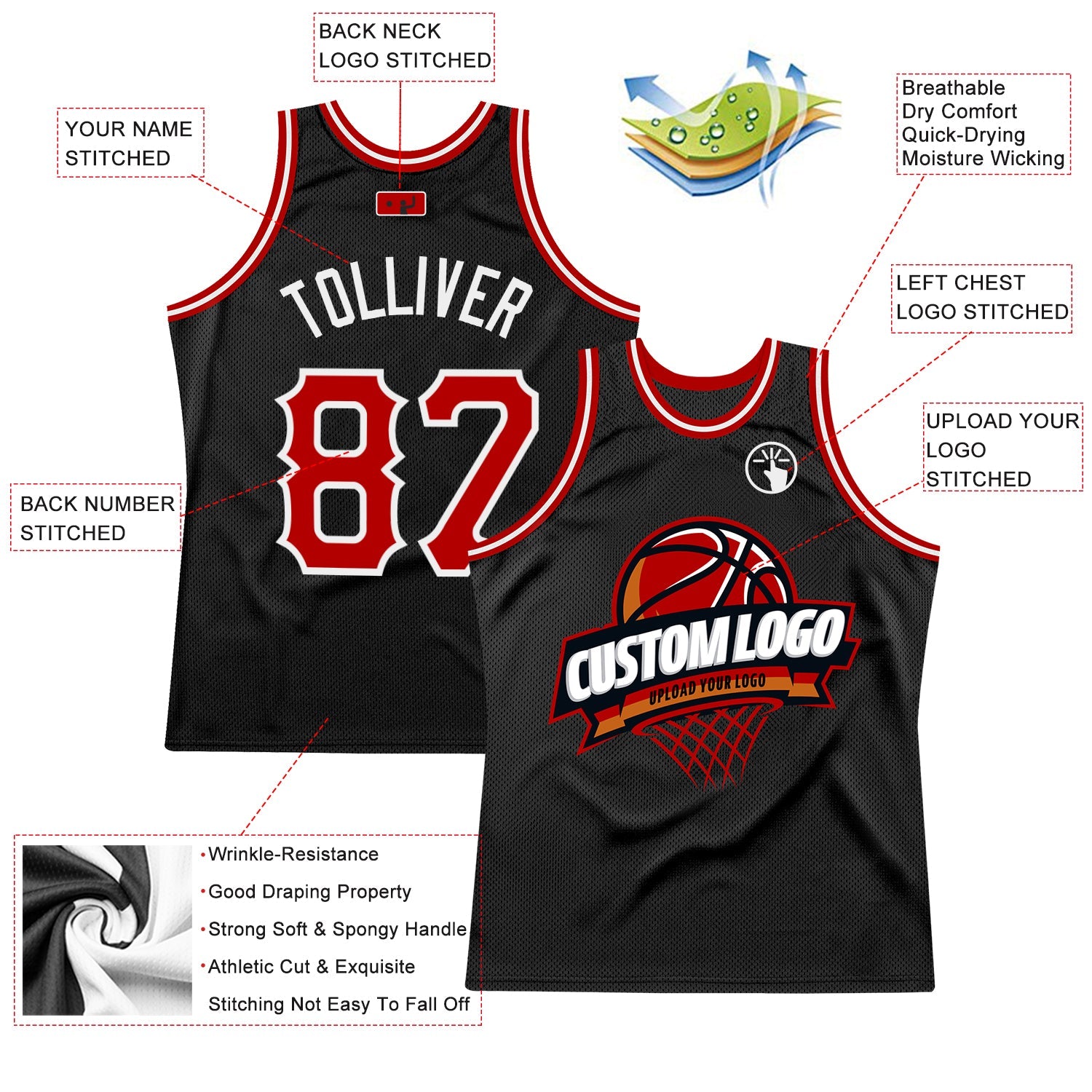 Custom Black Red-White Authentic Throwback Basketball Jersey view 2