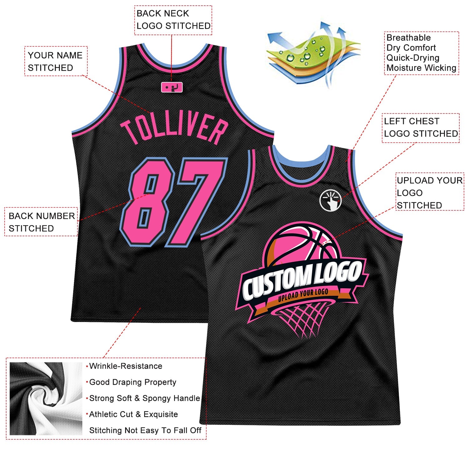 Custom Black Pink-Light Blue Authentic Throwback Basketball Jersey view 2
