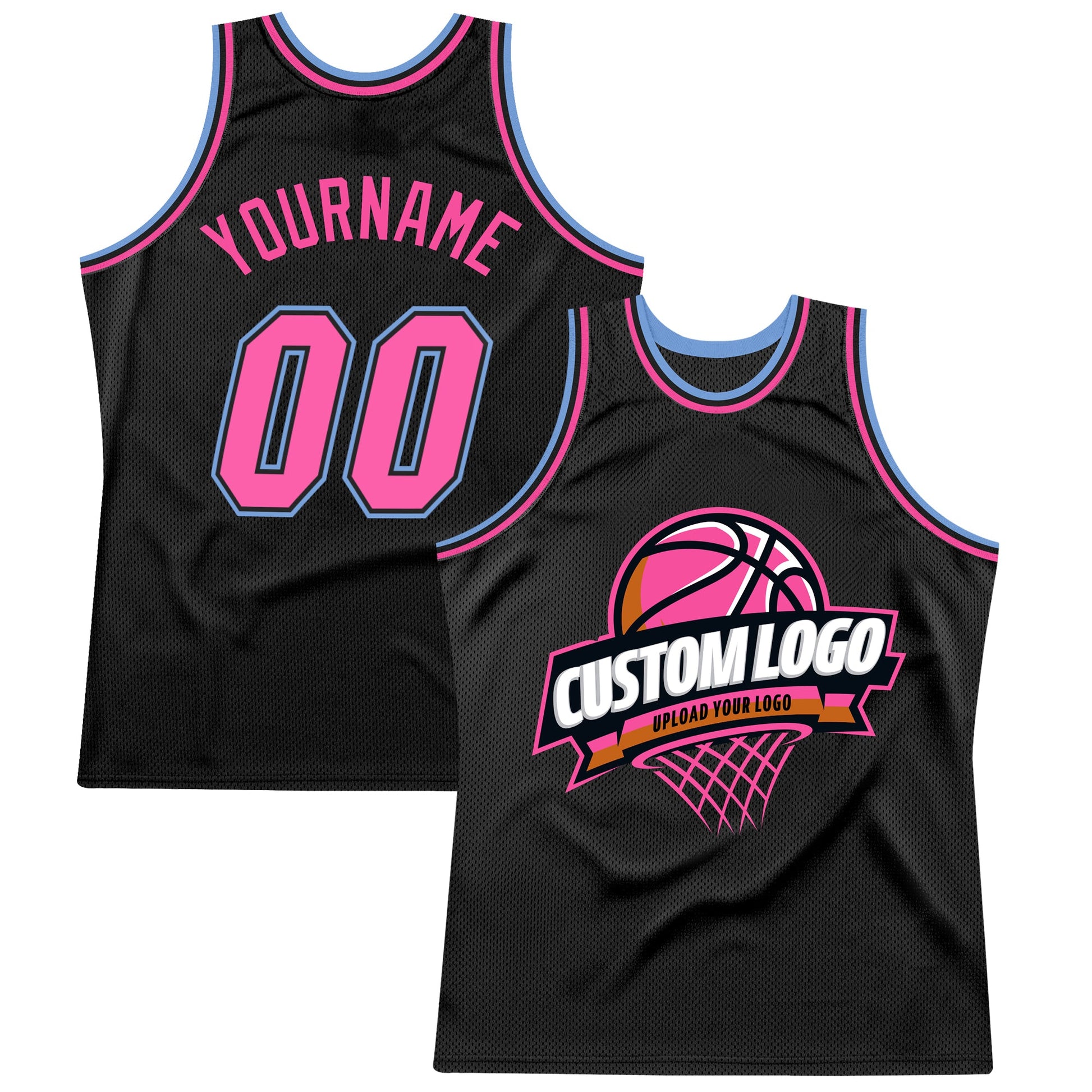 Custom Black Pink-Light Blue Authentic Throwback Basketball Jersey - Main View