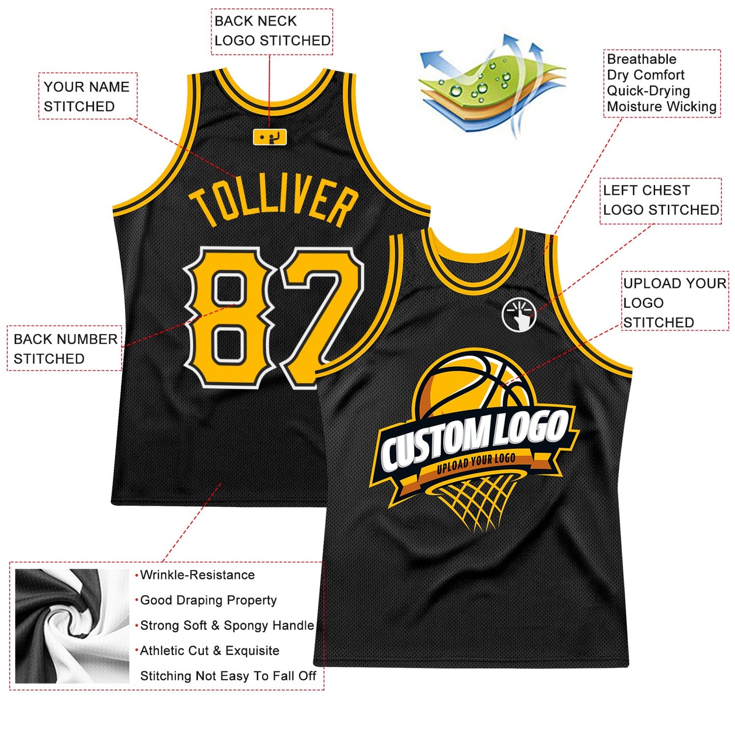 Custom Black Gold-White Authentic Throwback Basketball Jersey view 2