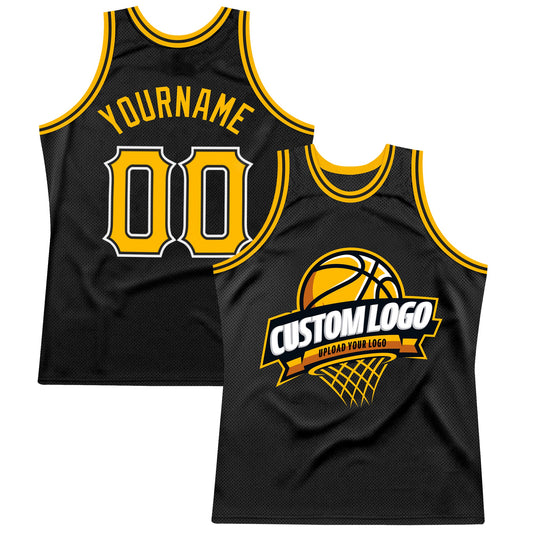 Custom Black Gold-White Authentic Throwback Basketball Jersey - Main View
