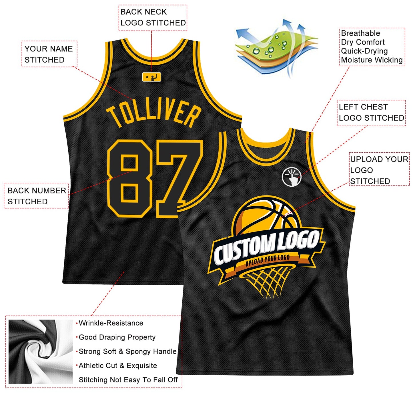 Custom Black Gold Authentic Throwback Basketball Jersey view 2