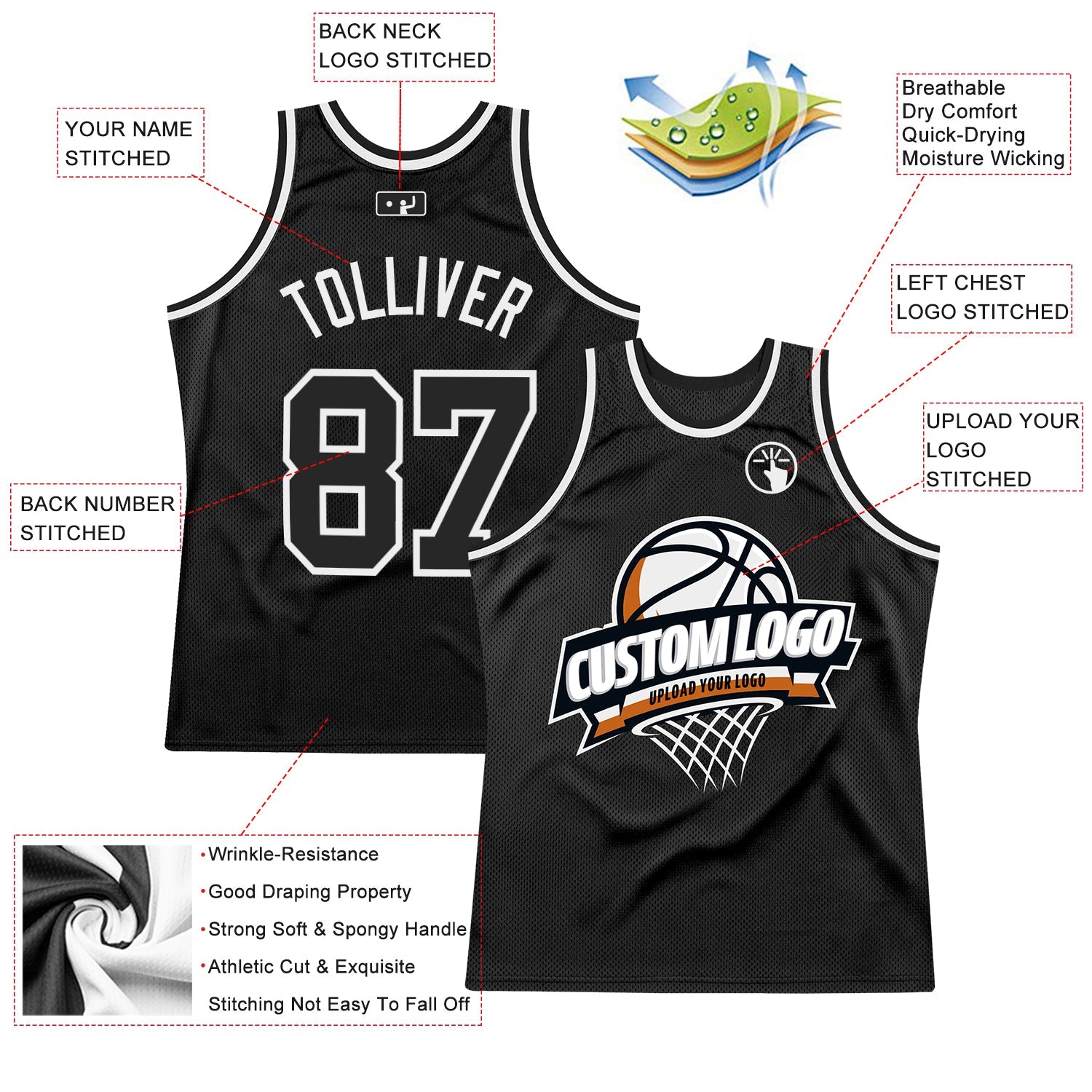 Custom Black White Authentic Throwback Basketball Jersey view 2