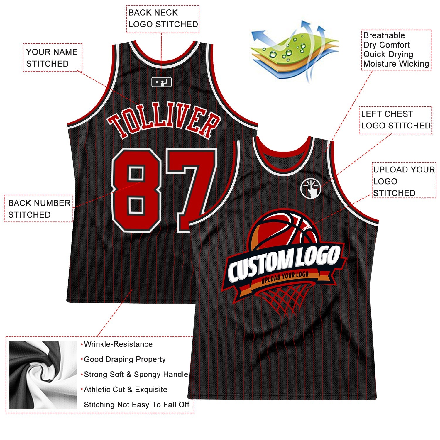 Custom Black Red Pinstripe White Authentic Basketball Jersey view 2