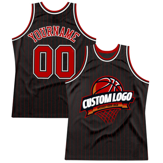Custom Black Red Pinstripe White Authentic Basketball Jersey - Main View