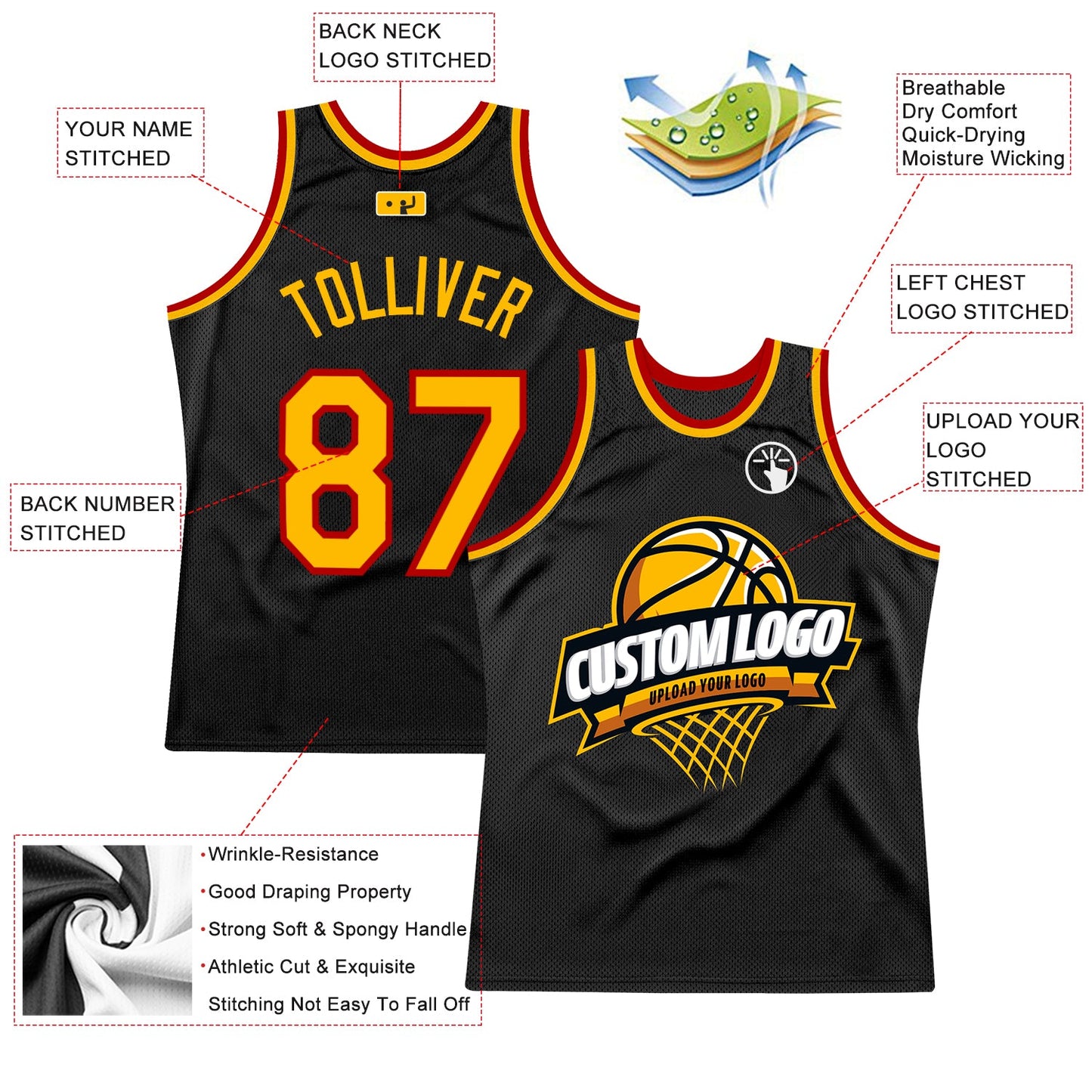 Custom Black Gold-Red Authentic Throwback Basketball Jersey view 2