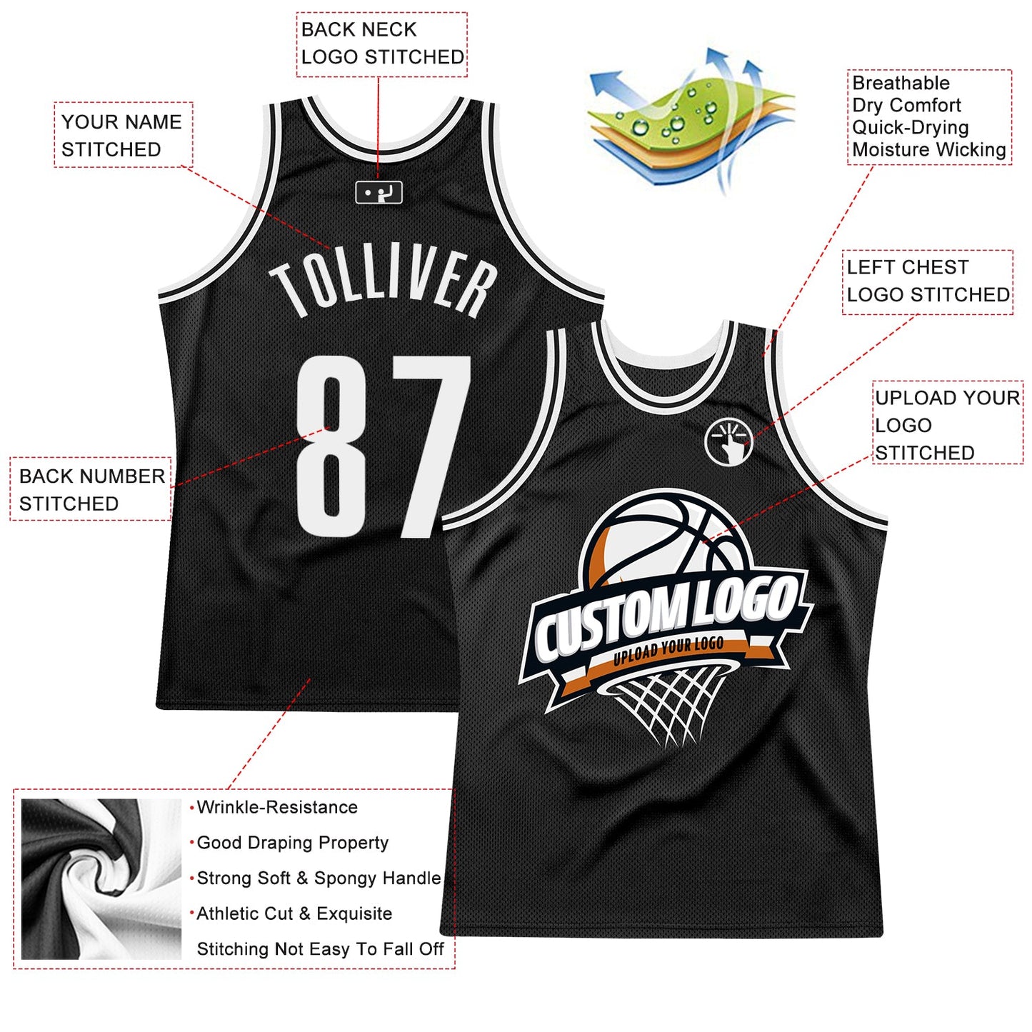 Custom Black White Authentic Throwback Basketball Jersey view 2