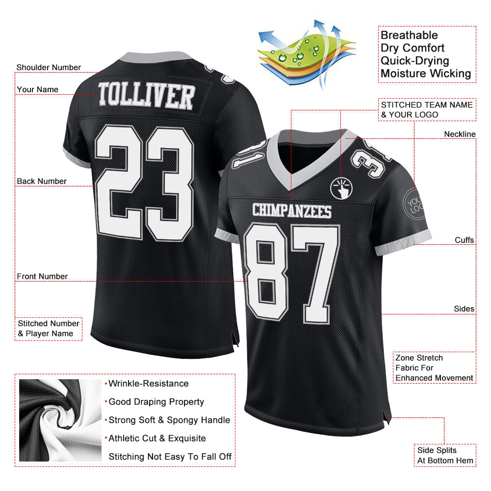Custom Black White-Gray Mesh Authentic Football Jersey view 2