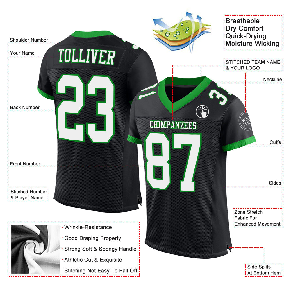 Custom Black White-Grass Green Mesh Authentic Football Jersey view 2
