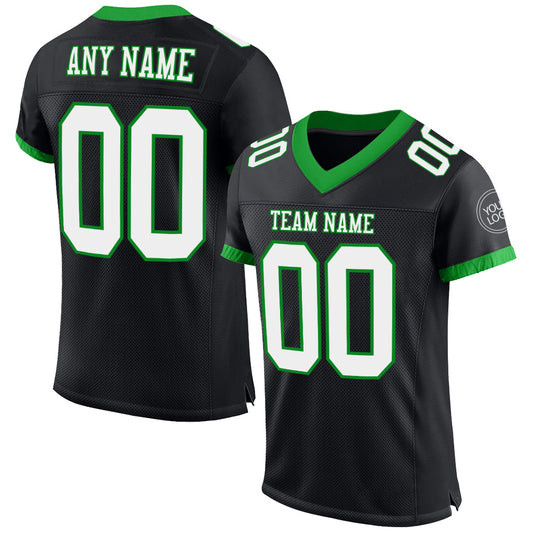 Custom Black White-Grass Green Mesh Authentic Football Jersey - Main View