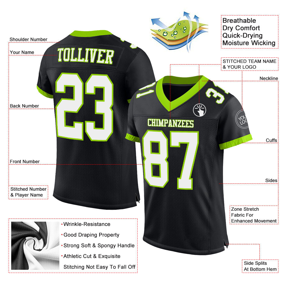 Custom Black White-Neon Green Mesh Authentic Football Jersey view 2