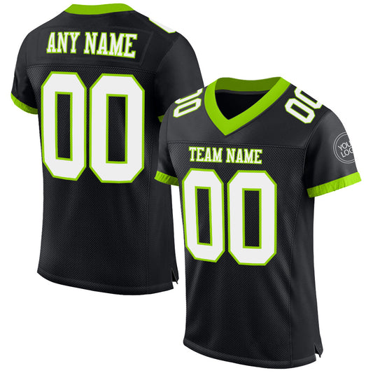 Custom Black White-Neon Green Mesh Authentic Football Jersey - Main View