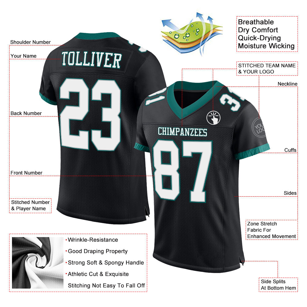 Custom Black White-Midnight Green Mesh Authentic Football Jersey view 2