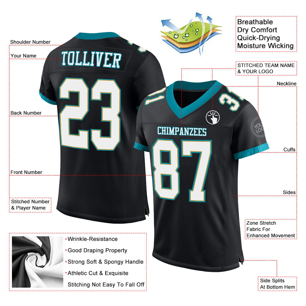 Custom Black White-Teal Mesh Authentic Football Jersey view 2
