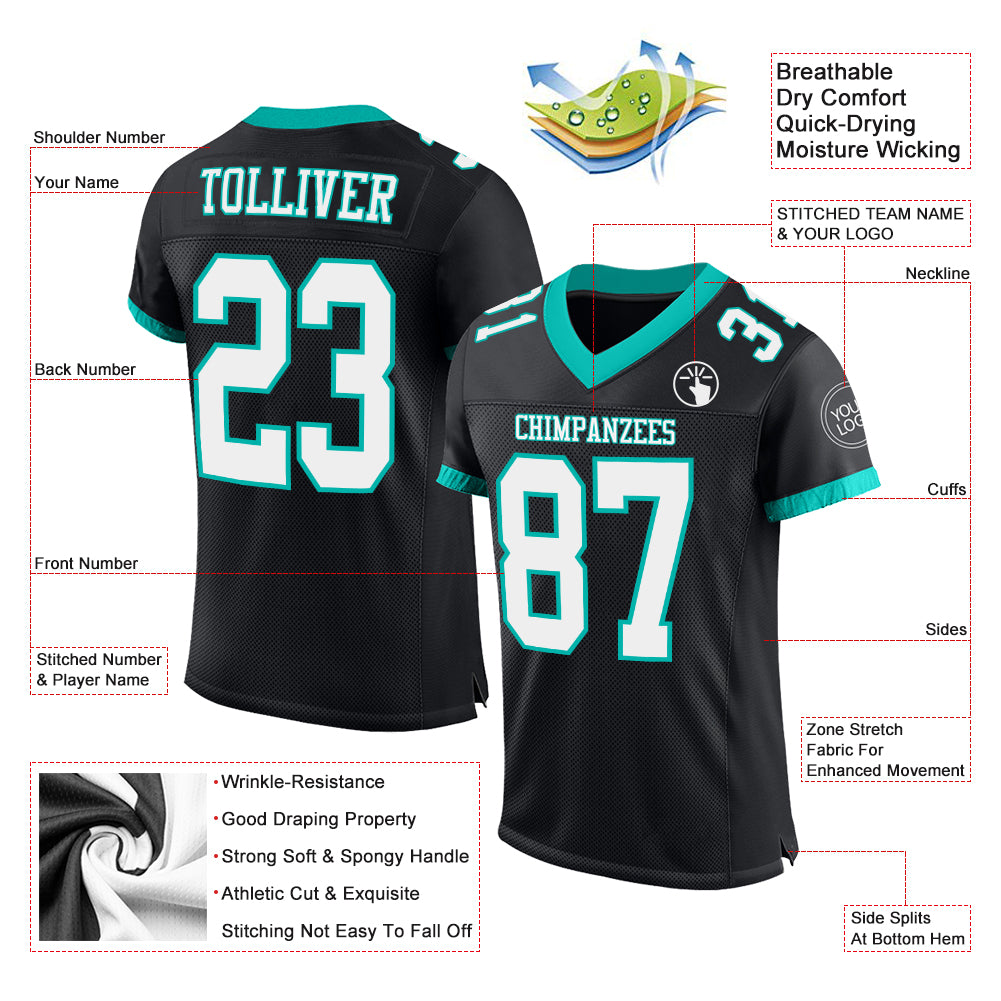 Custom Black White-Aqua Mesh Authentic Football Jersey view 2
