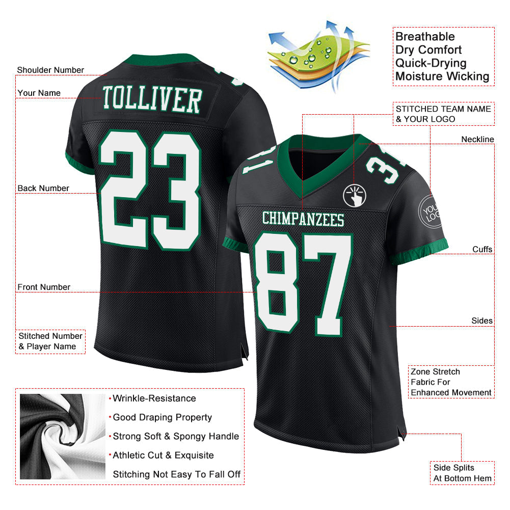 Custom Black White-Kelly Green Mesh Authentic Football Jersey view 2