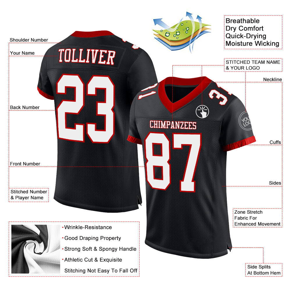 Custom Black White-Red Mesh Authentic Football Jersey view 2
