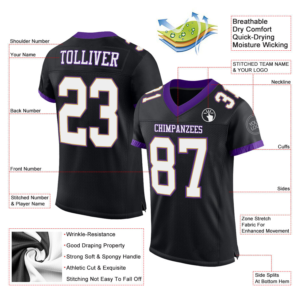 Custom Black White-Purple Mesh Authentic Football Jersey view 2