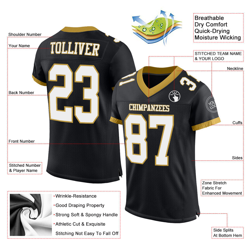 Custom Black White-Old Gold Mesh Authentic Football Jersey view 2