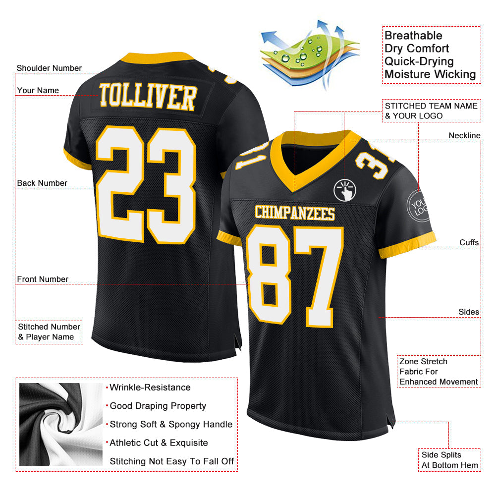 Custom Black White-Gold Mesh Authentic Football Jersey view 2