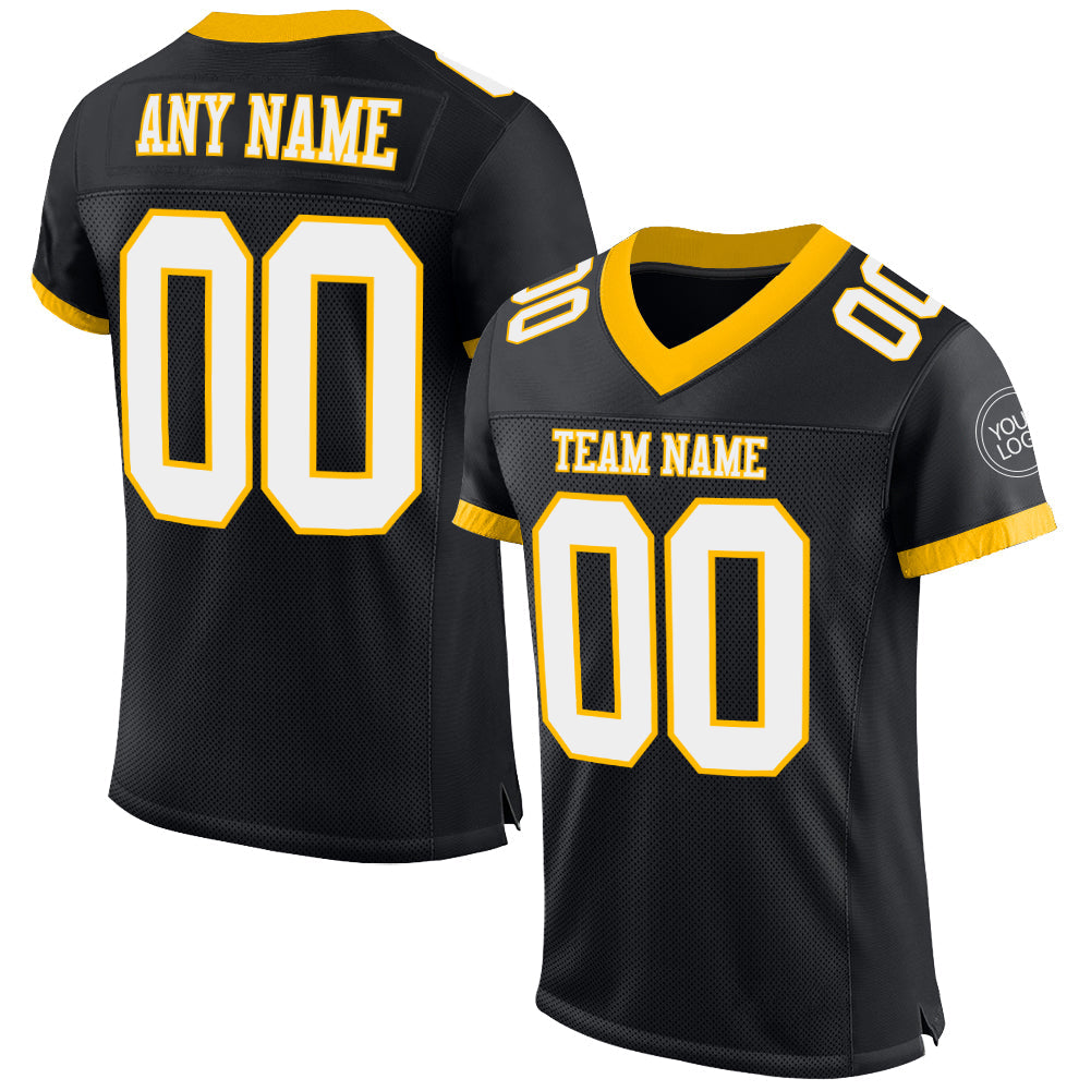 Custom Black White-Gold Mesh Authentic Football Jersey - Main View