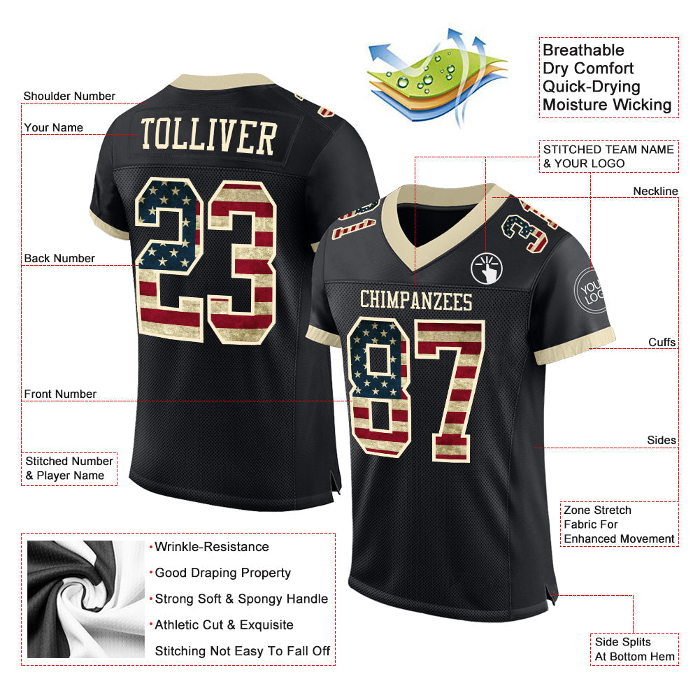 Custom Black Vintage USA Flag-Cream Mesh Authentic Football Jersey view 2