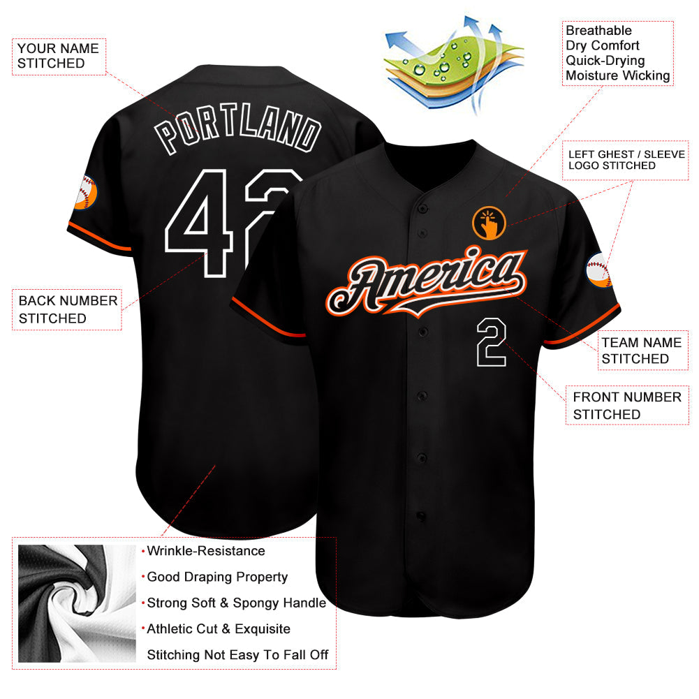 Custom Black Orange-White Authentic Baseball Jersey view 3
