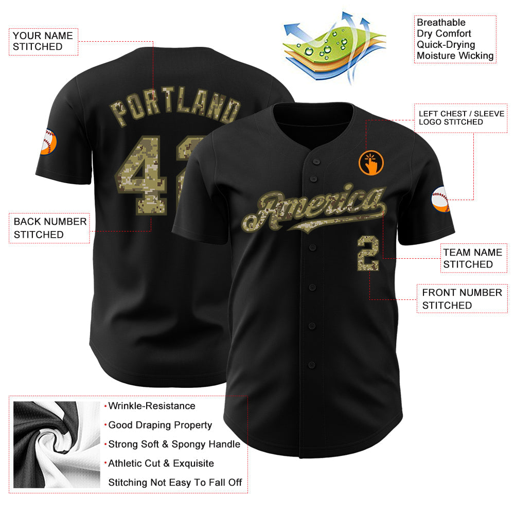 Custom Black Camo-Olive Authentic Baseball Jersey view 4