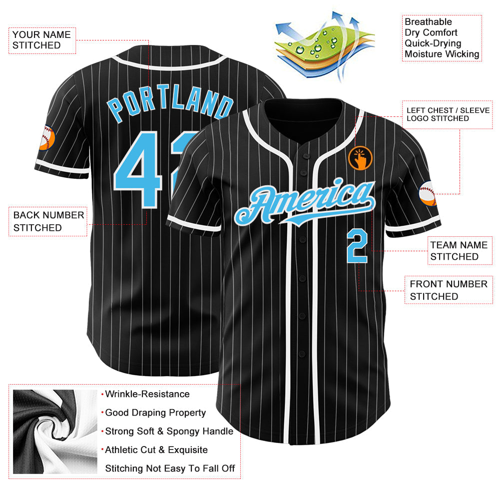 Custom Black White Pinstripe-Sky Blue Authentic Baseball Jersey view 3