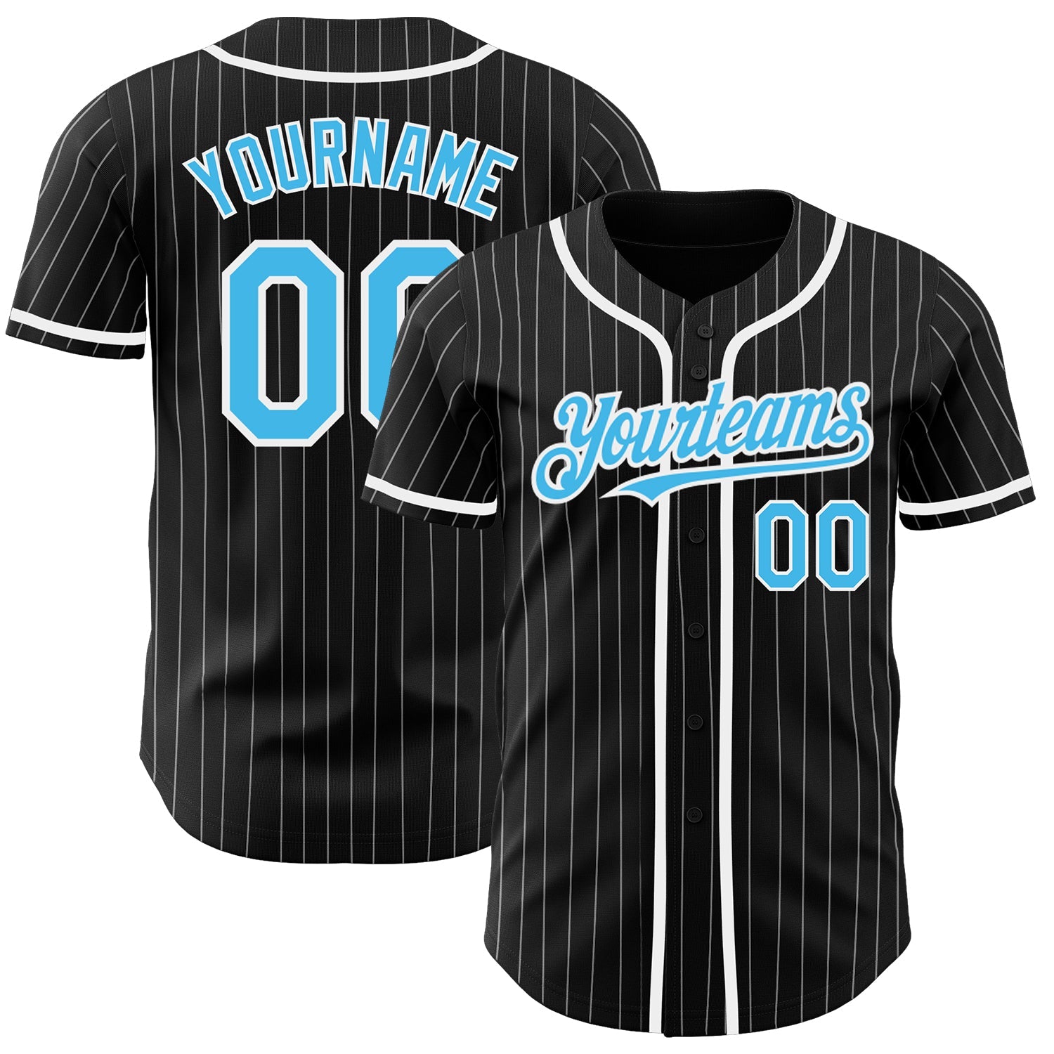 Custom Black White Pinstripe-Sky Blue Authentic Baseball Jersey - Main View