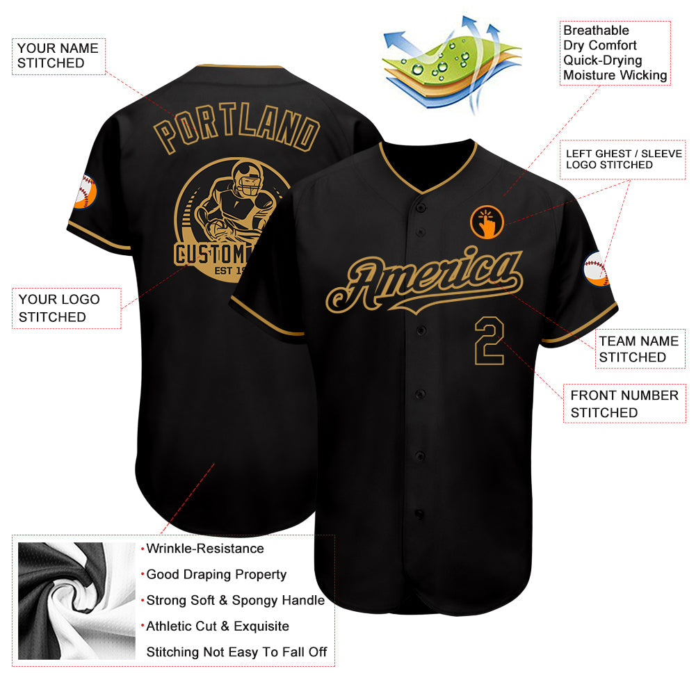 Custom Black Old Gold Authentic Baseball Jersey view 3