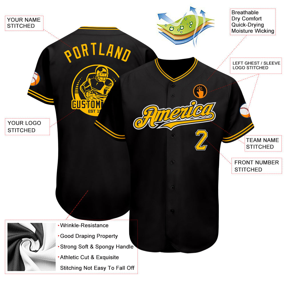 Custom Black Gold-Yellow Authentic Baseball Jersey view 3