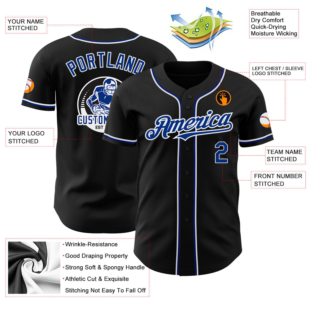 Custom Black Royal-White Authentic Baseball Jersey view 3