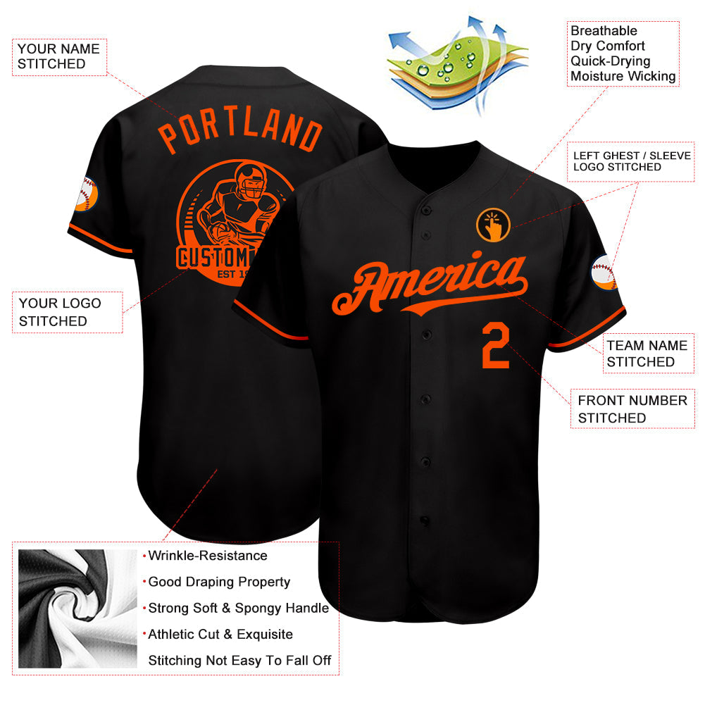 Custom Black Orange Authentic Baseball Jersey view 3
