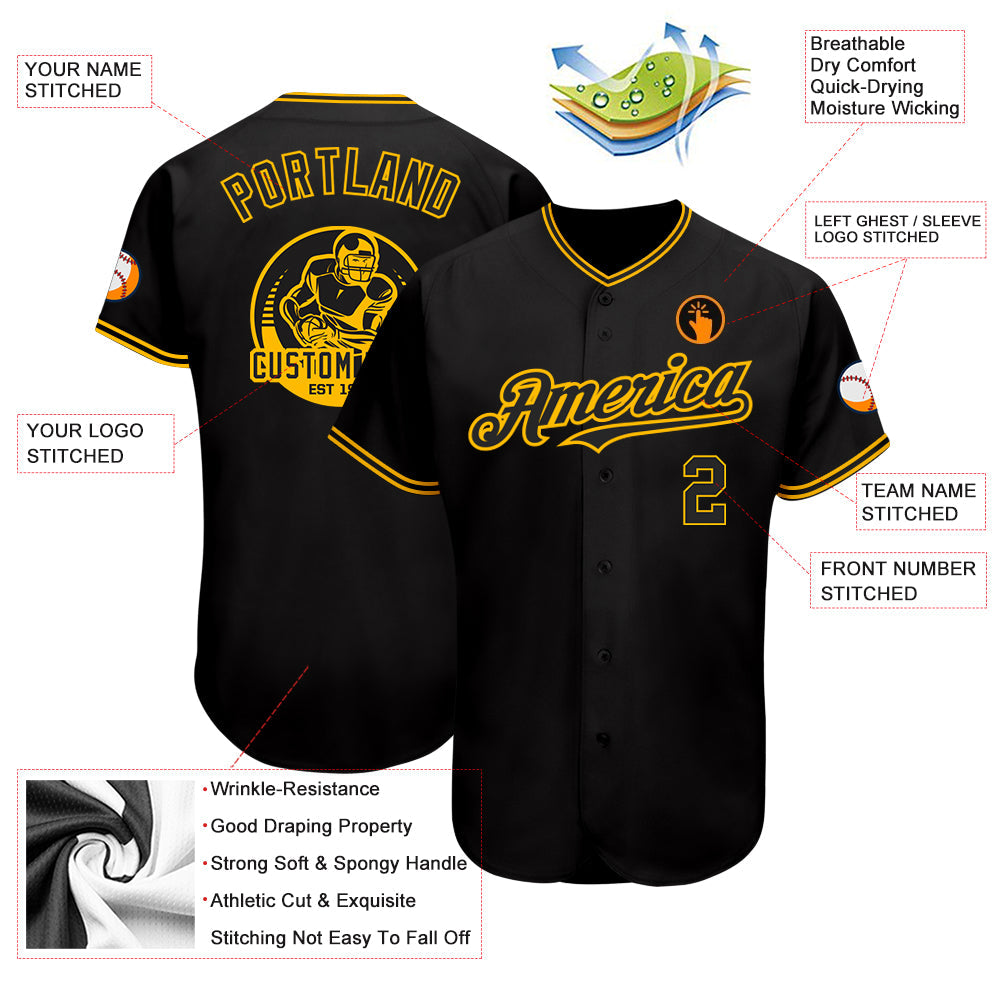 Custom Black Gold Authentic Baseball Jersey view 3