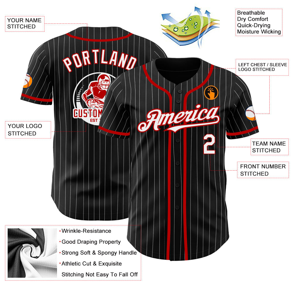 Custom Black White Pinstripe Red Authentic Baseball Jersey view 3