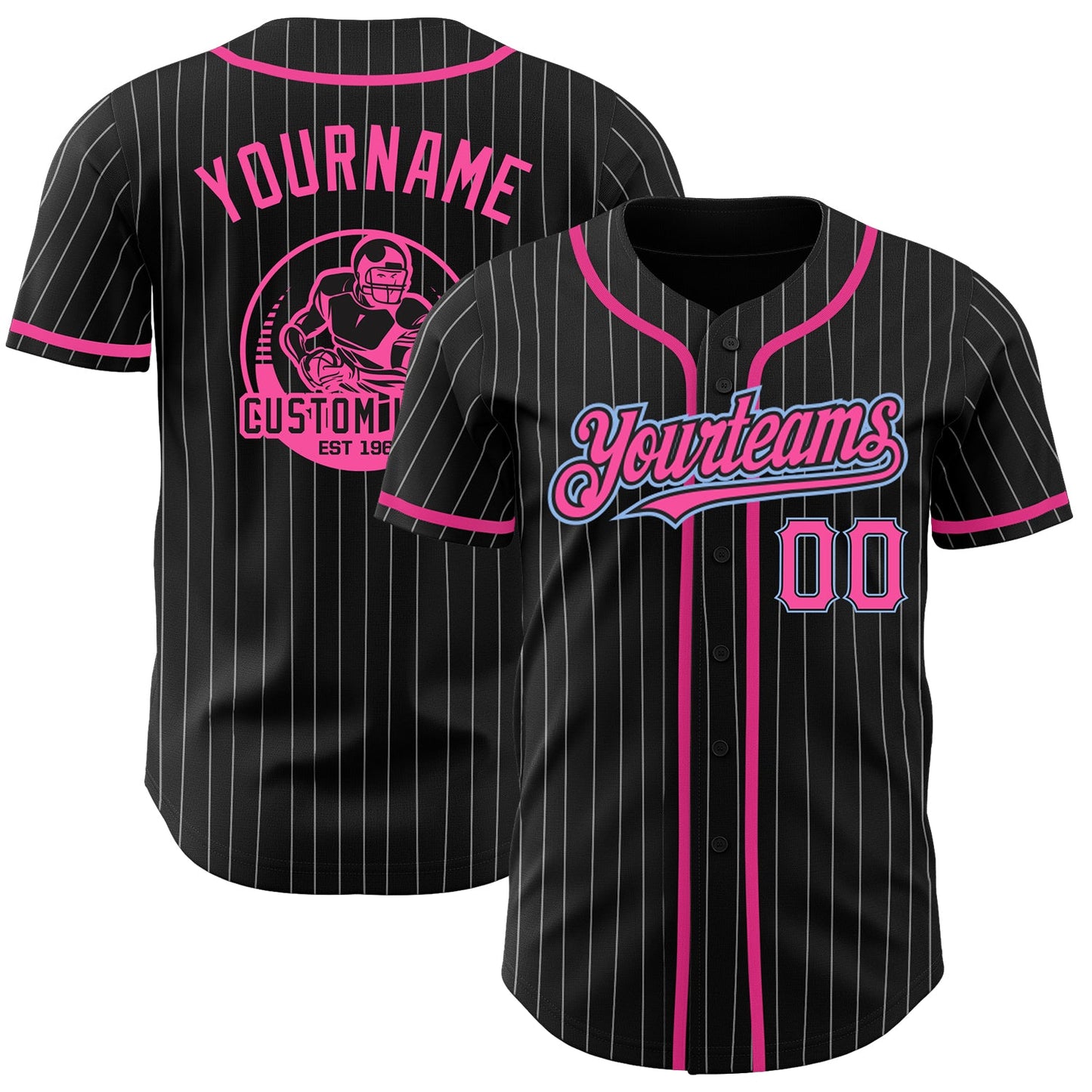 Custom Black White Pinstripe Pink-Light Blue Authentic Baseball Jersey - Main View