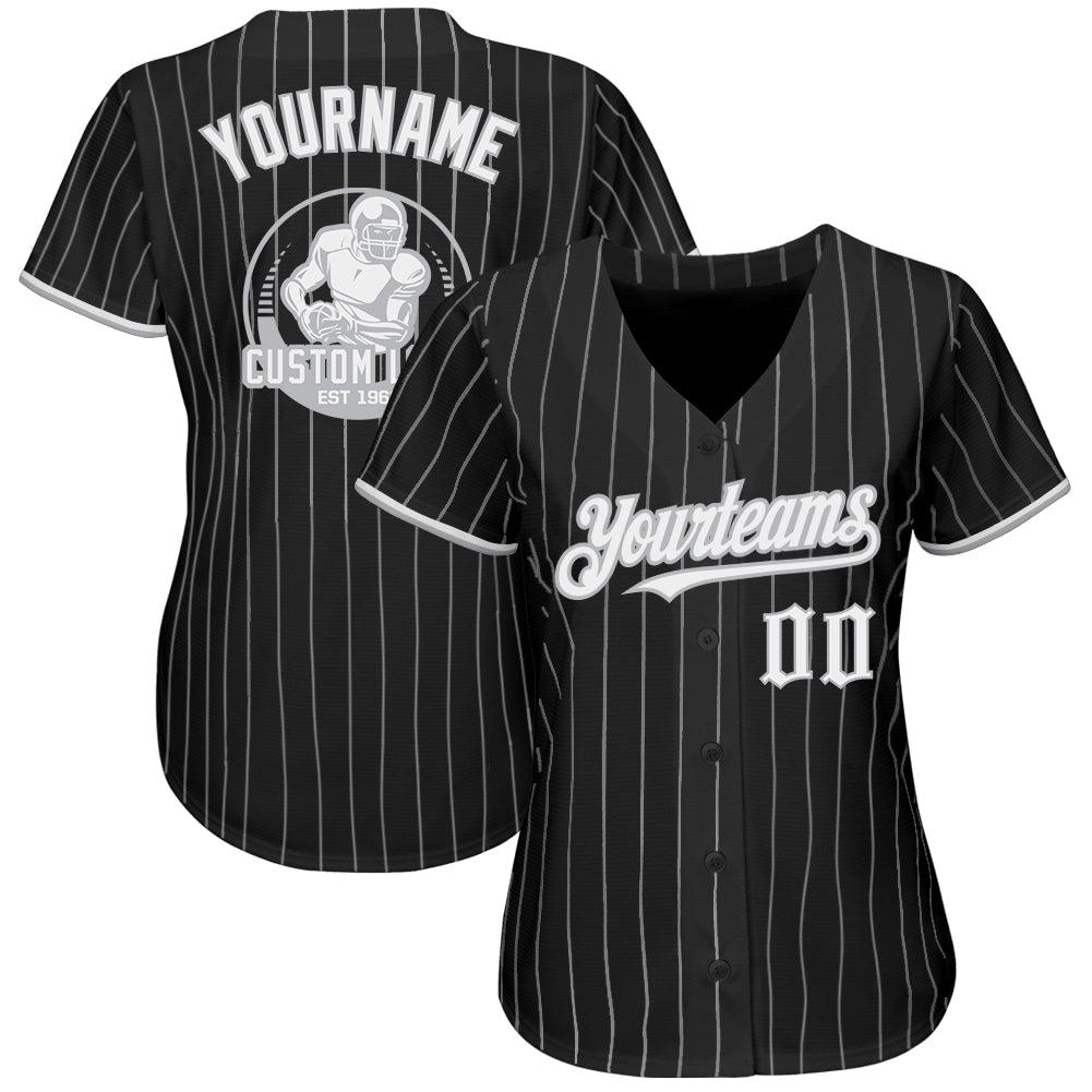 Custom Black Gray Pinstripe White Authentic Baseball Jersey view 2