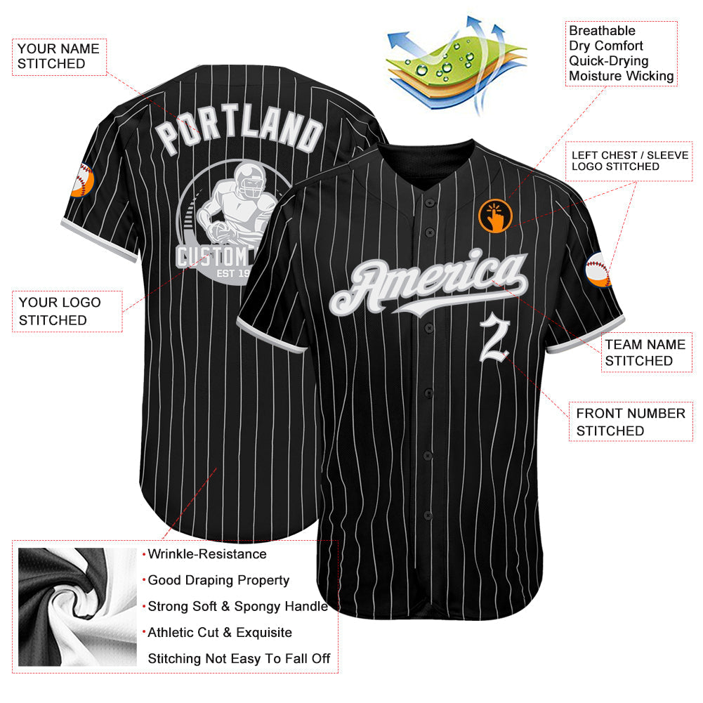 Custom Black Gray Pinstripe White Authentic Baseball Jersey view 3